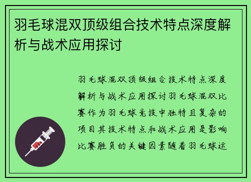羽毛球混双顶级组合技术特点深度解析与战术应用探讨