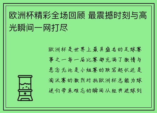欧洲杯精彩全场回顾 最震撼时刻与高光瞬间一网打尽